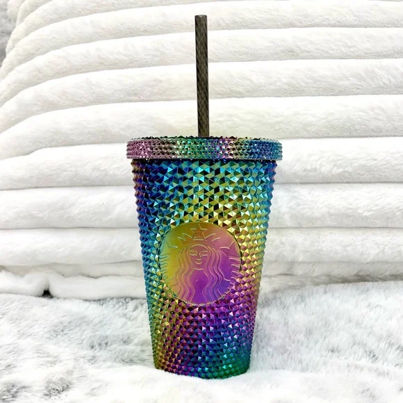Starbucks Halloween 2023 Black PVC Rainbow Oil-slick Bling Studded Cold Cup